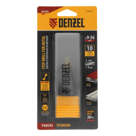Сверло ступенчатое Denzel 723616, 4-6-8-10-12-14-16-18-20-22-24-26-28-30-32 мм, Р6М5К5, 6-гр. хвостовик купить в Когалыме