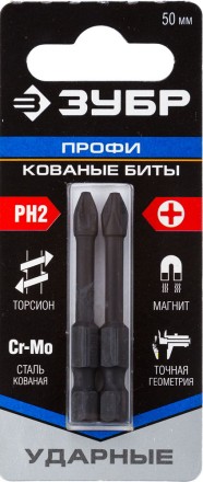 Биты ЗУБР &quot;ПРОФИ&quot; Phillips, тип хвостовика E 1/4&quot;, PH2, 50мм, 2шт, на карточке 26021-2-50-S2 купить в Когалыме