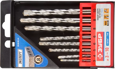 Набор ЗУБР Сверла по бетону ударные, 3-4-5-6-6-8-8-10 мм, пластиковый бокс, 8шт 29140-H8_z01 купить в Когалыме