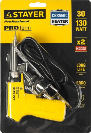 Паяльник с пистолетной пластмассовой рукояткой, STAYER &quot;PROFI&quot; PROTerm, 55308-130, 30 - 130 Вт, с керамическим нагревательным элементом 55308-130 купить в Когалыме