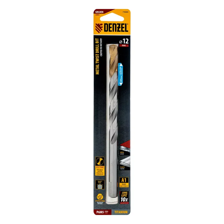 Сверло спиральное по металлу Denzel 12 x 205 мм, Р6М5, Golden Tip, удлиненное 718265 купить в Когалыме