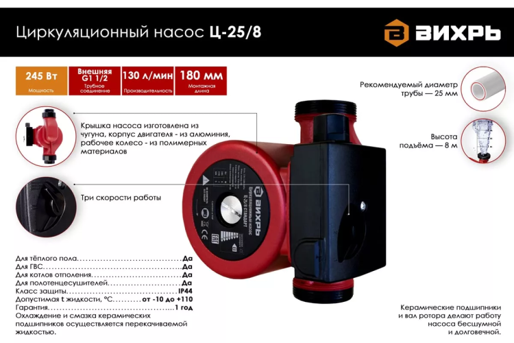 Циркуляционный насос Вихрь Ц-25/8 СТАНДАРТ 68/7/11 купить в Когалыме