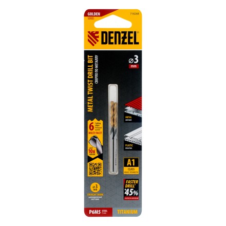 Сверло спиральное по металлу Denzel 3 x 61мм, Р6М5, Golden Tip, многогранная заточка, 2шт., 718268 купить в Когалыме