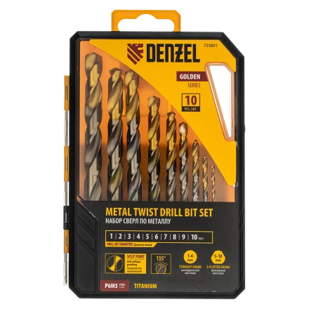 Набор сверл по металлу Denzel 723001, 1-10 мм, Р6М5-TiN, Golden Tip, 10 шт купить в Когалыме