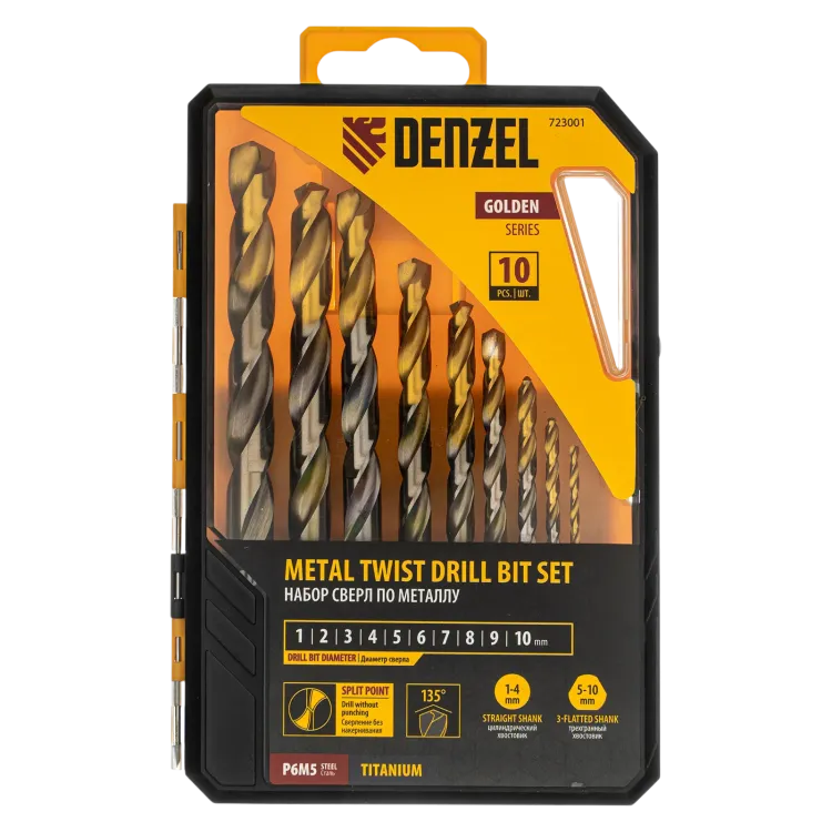 Набор сверл по металлу Denzel 723001, 1-10 мм, Р6М5-TiN, Golden Tip, 10 шт купить в Когалыме