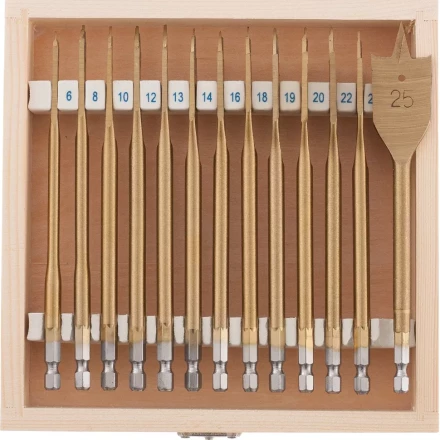 Набор сверл перовых по дереву 6-8-10-12-13-14-16-18-19-20-22-24-25 мм 13 штук деревянный кейс MATRIX 70442 купить в Когалыме