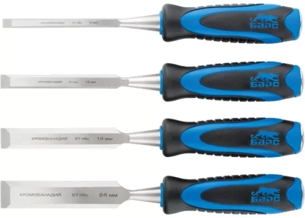 Набор долот-стамесок плоских 4шт 8-12-18-24 мм двухкомпонентная рукоятка металлический затыльник БАРС 24452 купить в Когалыме