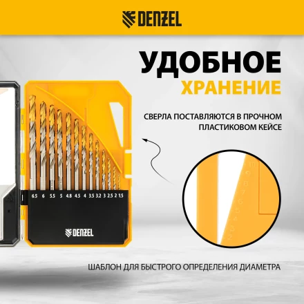 Набор сверл по металлу Denzel 723002, 1,5-6,5мм, Р6М5-TiN, Golden Tip, 13 шт купить в Когалыме