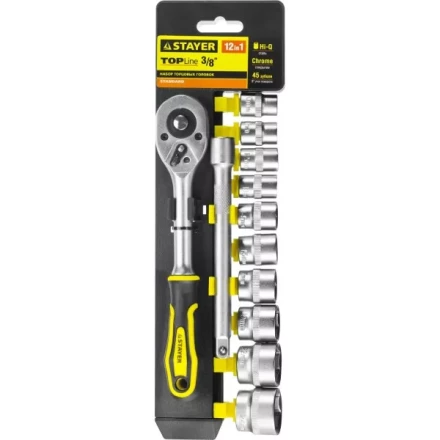 Набор STAYER "STANDARD": Торцовые головки (3/8") на пластиковом рельсе, трещотка, удлинитель, 10-24мм, 12 предметов 27752-H12 купить в Когалыме