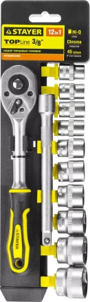 Набор STAYER "STANDARD": Торцовые головки (3/8") на пластиковом рельсе, трещотка, удлинитель, 10-24мм, 12 предметов 27752-H12 купить в Когалыме