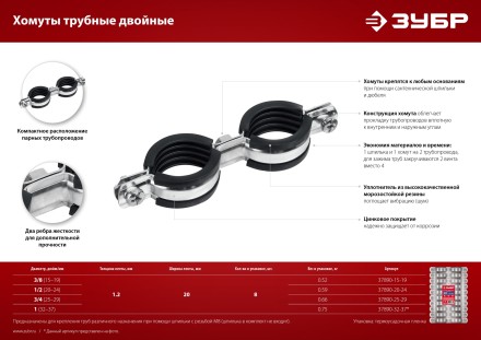 ЗУБР 1, цинк, 8 шт, двойной трубный хомут (37890-32-37) купить в Когалыме