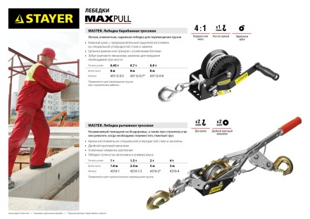 Лебедка ручная барабанная STAYER &quot;MASTER&quot;, тяговая, тросовая, 0,7т, 8м 43112-0.7 купить в Когалыме