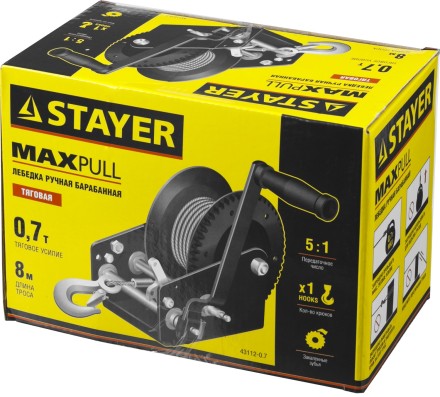 Лебедка ручная барабанная STAYER &quot;MASTER&quot;, тяговая, тросовая, 0,7т, 8м 43112-0.7 купить в Когалыме
