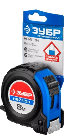 Рулетка ЗУБР "НЕЙЛОН", нейлоновое покрытие, упрочненное полотно, ударопрочный обрезиненный корпус, 8м/25мм 34056-08-25_z01 купить в Когалыме