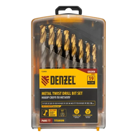 Набор сверл по металлу Denzel 723003, 1-10 мм, Р6М5-TiN, Golden Tip, 19 шт купить в Когалыме
