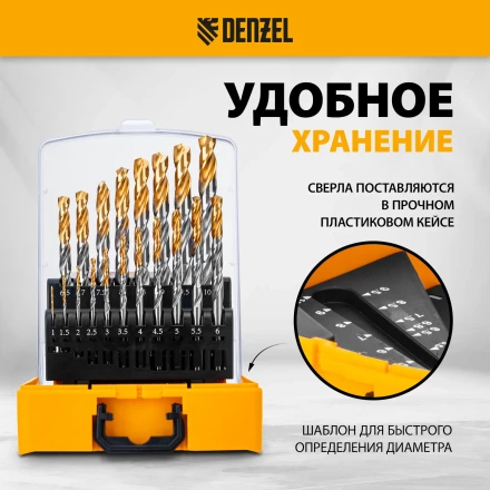 Набор сверл по металлу Denzel 723003, 1-10 мм, Р6М5-TiN, Golden Tip, 19 шт купить в Когалыме