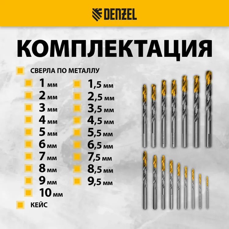 Набор сверл по металлу Denzel 723003, 1-10 мм, Р6М5-TiN, Golden Tip, 19 шт купить в Когалыме