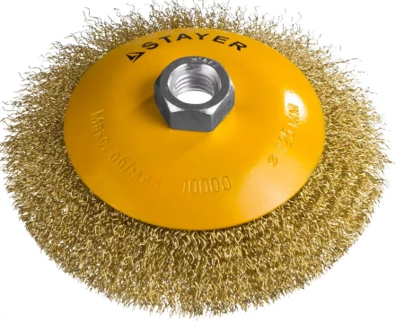 STAYER "PROFESSIONAL". Щетка коническая для УШМ, витая стальная латунированная проволока 0,3мм, 125ммхМ14 35133-125 купить в Когалыме