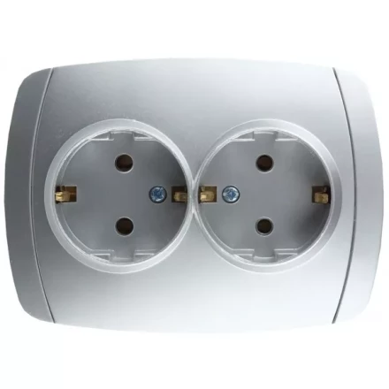Розетка СВЕТОЗАР "АКЦЕНТ" двойная в сборе, с заземлением, цвет серебристый металлик, 16А/~250В SV-54207-SM купить в Когалыме
