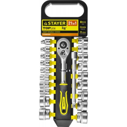 Набор STAYER &quot;STANDARD&quot;: Торцовые головки (3/8&quot;) на пластиковом рельсе, трещотка, удлинитель, 6-24мм, 21 предмет 27752-H21 купить в Когалыме