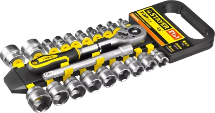 Набор STAYER "STANDARD": Торцовые головки (3/8") на пластиковом рельсе, трещотка, удлинитель, 6-24мм, 21 предмет 27752-H21 купить в Когалыме