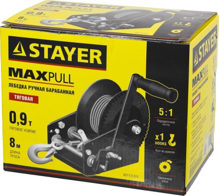 Лебедка ручная барабанная STAYER &quot;MASTER&quot;, тяговая, тросовая, 0,9т, 8м 43112-0.9 купить в Когалыме