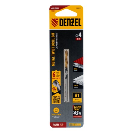 Сверло спиральное по металлу Denzel 4 x 75мм, Р6М5, Golden Tip, многогранная заточка 718272 купить в Когалыме
