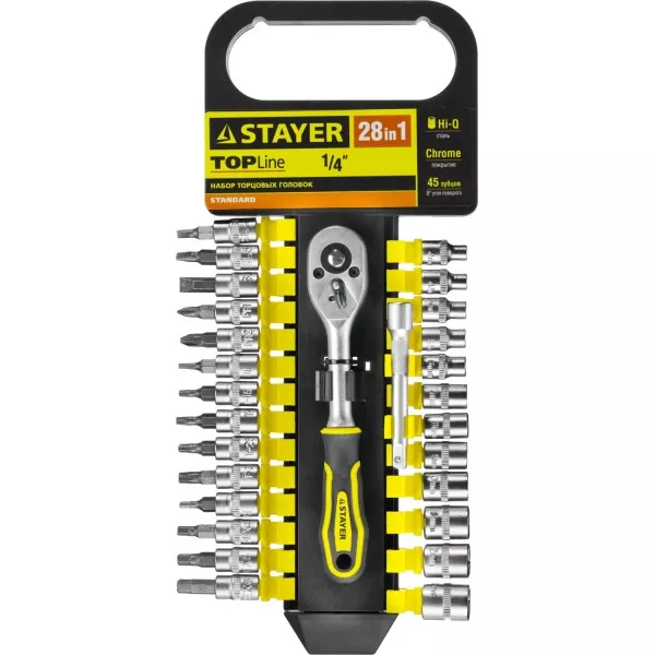 Набор STAYER "STANDARD": Торцовые головки, биты-головки (1/4") на пластик рельсе, трещотка, удл-тель, 4-13мм, 28 пр. 27754-H28 купить в Когалыме