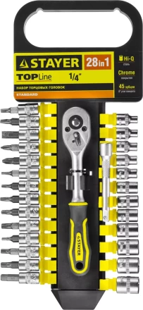 Набор STAYER "STANDARD": Торцовые головки, биты-головки (1/4") на пластик рельсе, трещотка, удл-тель, 4-13мм, 28 пр. 27754-H28 купить в Когалыме