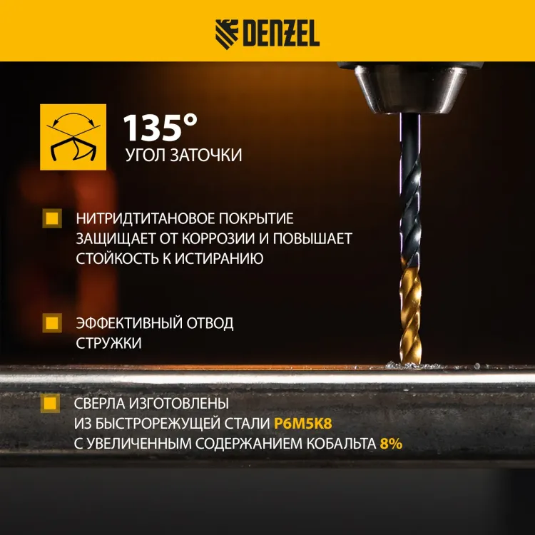 Набор сверл по металлу Denzel, 1-10 мм, Р6М5К8-TiN, Golden Tip, 10 шт 723005 купить в Когалыме
