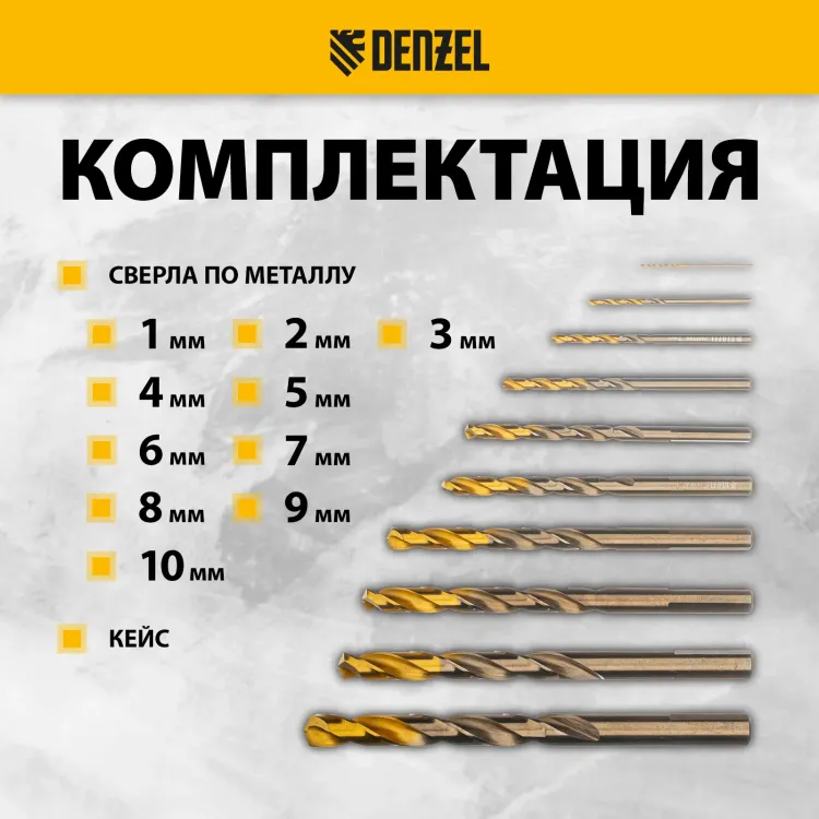 Набор сверл по металлу Denzel, 1-10 мм, Р6М5К8-TiN, Golden Tip, 10 шт 723005 купить в Когалыме