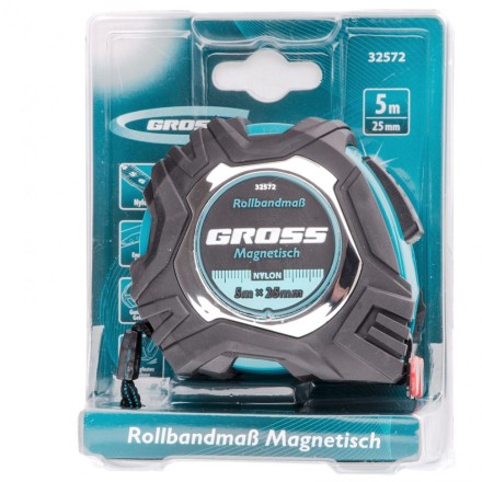 Рулетка Magnetisch 5 м х 25 мм обрезиненный корпус автоматическая фиксация Нейлоновое покрытиеытие зацеп с магнитом Gross 32572 купить в Когалыме