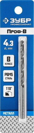 ЗУБР ПРОФ-В, 4.3 х 80 мм, сталь Р6М5, класс В, сверло по металлу, Профессионал (29621-4.3) купить в Когалыме