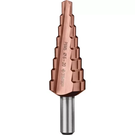 Сверло ЗУБР "КОБАЛЬТ" ступен. по сталям и цв.мет.ст.Р6М5 с кобальт.покрыт.d6-20мм, 8ступ.d6-20,L-75мм, трехгран.хв. 8мм 29672-6-20-8 купить в Когалыме