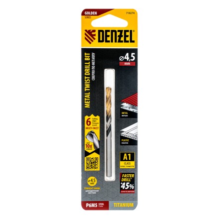 Сверло спиральное по металлу Denzel 4,5 x 80мм, Р6М5, Golden Tip, многогранная заточка 718274 купить в Когалыме