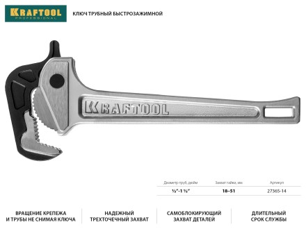 Ключ KRAFTOOL &quot;MASTERGRIP&quot; трубный быстрозажимной, кованые губки, 1/2&quot;-2&quot; 27365-14 купить в Когалыме