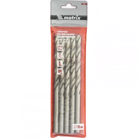 Сверло по металлу 10,0 х 184 мм полированное удлиненное HSS 5 штук цилиндрический хвостовик MATRIX 715100 купить в Когалыме