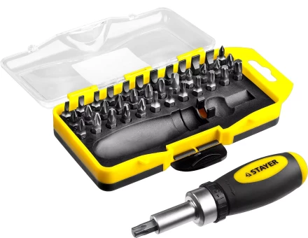 Отвертка реверсивная в наборе с битами, STAYER 2557-H38, Cr-V сталь, 38 предметов 2557-H38 купить в Когалыме