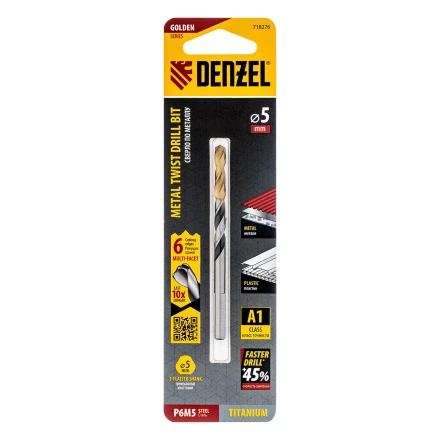 Сверло спиральное по металлу Denzel 5 x 86мм, Р6М5, Golden Tip, многогранная заточка, 718276 купить в Когалыме