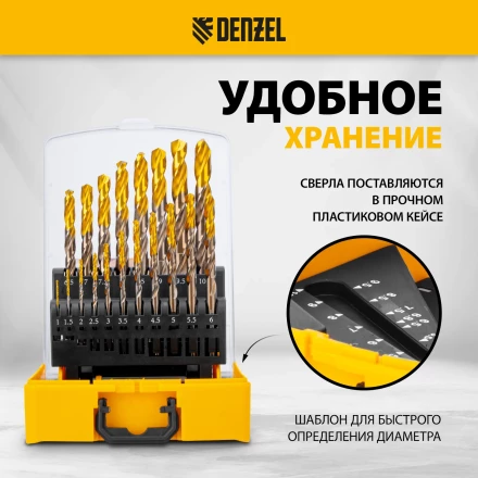 Набор сверл по металлу Denzel 723008, 1-10 мм, Р6М5К8-TiN, Golden Tip, 19 шт купить в Когалыме