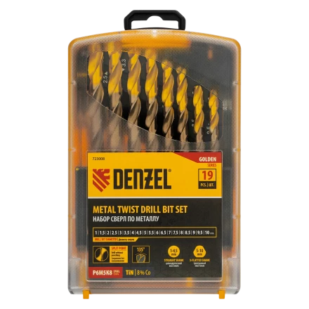 Набор сверл по металлу Denzel 723008, 1-10 мм, Р6М5К8-TiN, Golden Tip, 19 шт купить в Когалыме