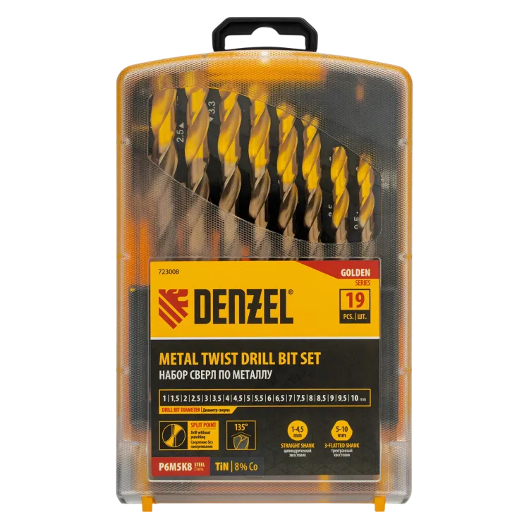 Набор сверл по металлу Denzel 723008, 1-10 мм, Р6М5К8-TiN, Golden Tip, 19 шт купить в Когалыме