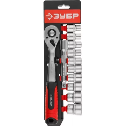 Набор ЗУБР "МАСТЕР": Торцовые головки (1/2") на пластиковом рельсе, трещотка, удлинитель, Cr-V, 10-24мм, 12 предметов 27647-H12 купить в Когалыме