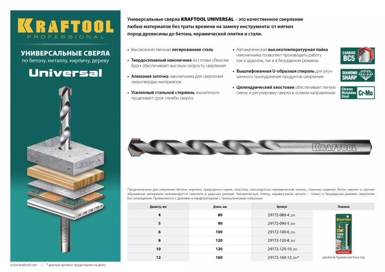 Сверло "UNIVERSAL" по бетону, металлу, дереву, KRAFTOOL PROFESSIONAL 29172-100-6, 6 х 100 мм 29172-100-6_z01 купить в Когалыме