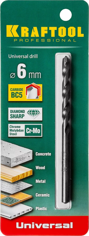 Сверло "UNIVERSAL" по бетону, металлу, дереву, KRAFTOOL PROFESSIONAL 29172-100-6, 6 х 100 мм 29172-100-6_z01 купить в Когалыме