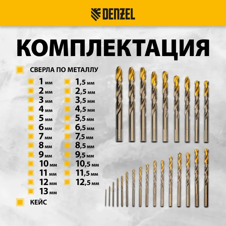 Набор сверл по металлу Denzel 723010, 1-13 мм, Р6М5К8-TiN, Golden Tip, 25 шт купить в Когалыме
