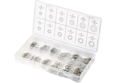 Набор шайб и гроверов D ш.: 3, 4, 5, 6, 8, 10 мм D г.: 3, 4, 5, 6, 8, 10 мм 350 предметов СИБРТЕХ 47614 купить в Когалыме