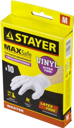 Перчатки STAYER &quot;MASTER&quot; виниловые экстратонкие, M, 10шт 11208-M купить в Когалыме
