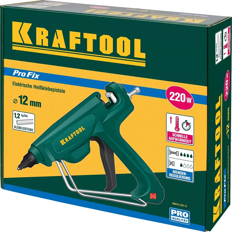 Пистолет клеевой (термоклеящий) "PRO", KRAFTOOL 06843-220-12, эл, двухкомп корпус, рабоч темп 193град, выход клея 1,2кг/час, d=12мм, 220Вт 06843-220-12 купить в Когалыме