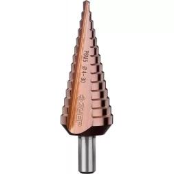 Сверло ЗУБР "КОБАЛЬТ" ступен. по сталям, цв.мет.ст.Р6М5 с кобальт.покрыт.d4-30 мм,14ст.d4-30, L-100мм, трехгр.хв. 10мм 29672-4-30-14